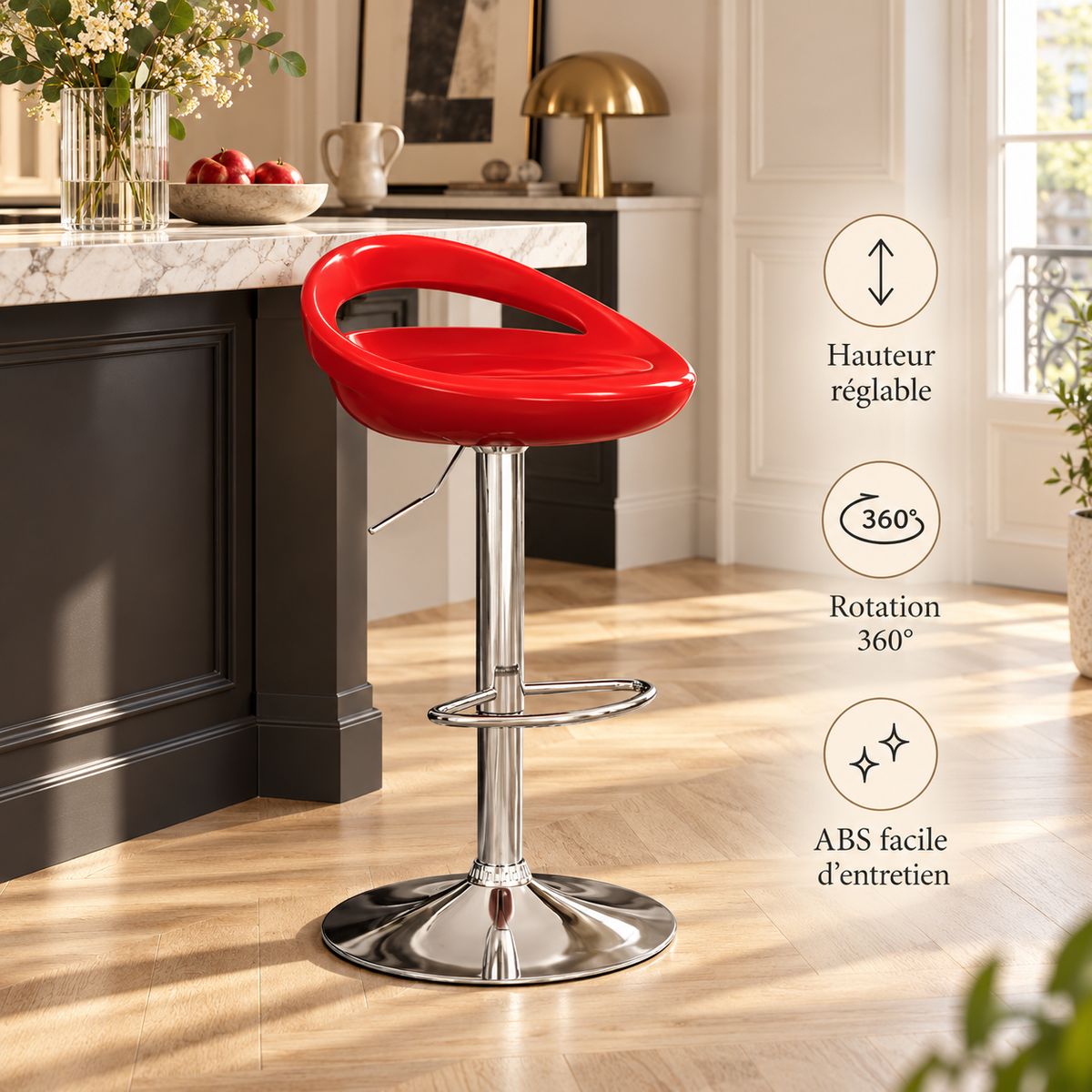 Tabouret de bar rouge en ABS avec hauteur réglable, rotation à 360° et assise facile à entretenir, dans une cuisine élégante