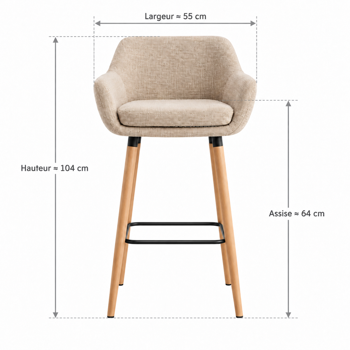 Tabouret de bar scandinave beige avec flèches de dimensions : largeur extérieure environ 55 cm, hauteur totale environ 104 cm et hauteur d’assise environ 64 cm.