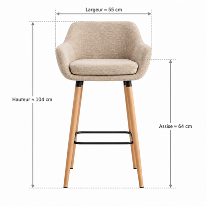 Tabouret de bar scandinave beige avec flèches de dimensions : largeur extérieure environ 55 cm, hauteur totale environ 104 cm et hauteur d’assise environ 64 cm.