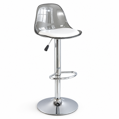 Tabouret transparent gris avec coussin blanc et pied chromé sur fond blanc.