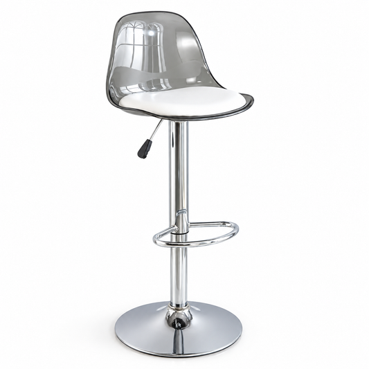 Tabouret transparent gris avec coussin blanc et pied chromé sur fond blanc.
