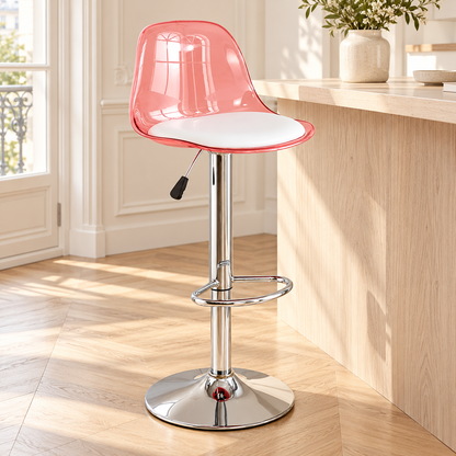 Variante rose : tabouret à dossier translucide rose, coussin blanc et pied chromé en cuisine.