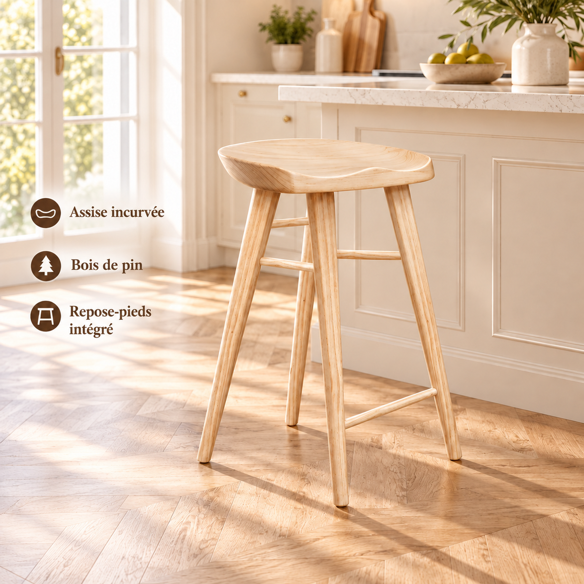Assise incurvée, bois de pin et repose-pieds intégré du tabouret.