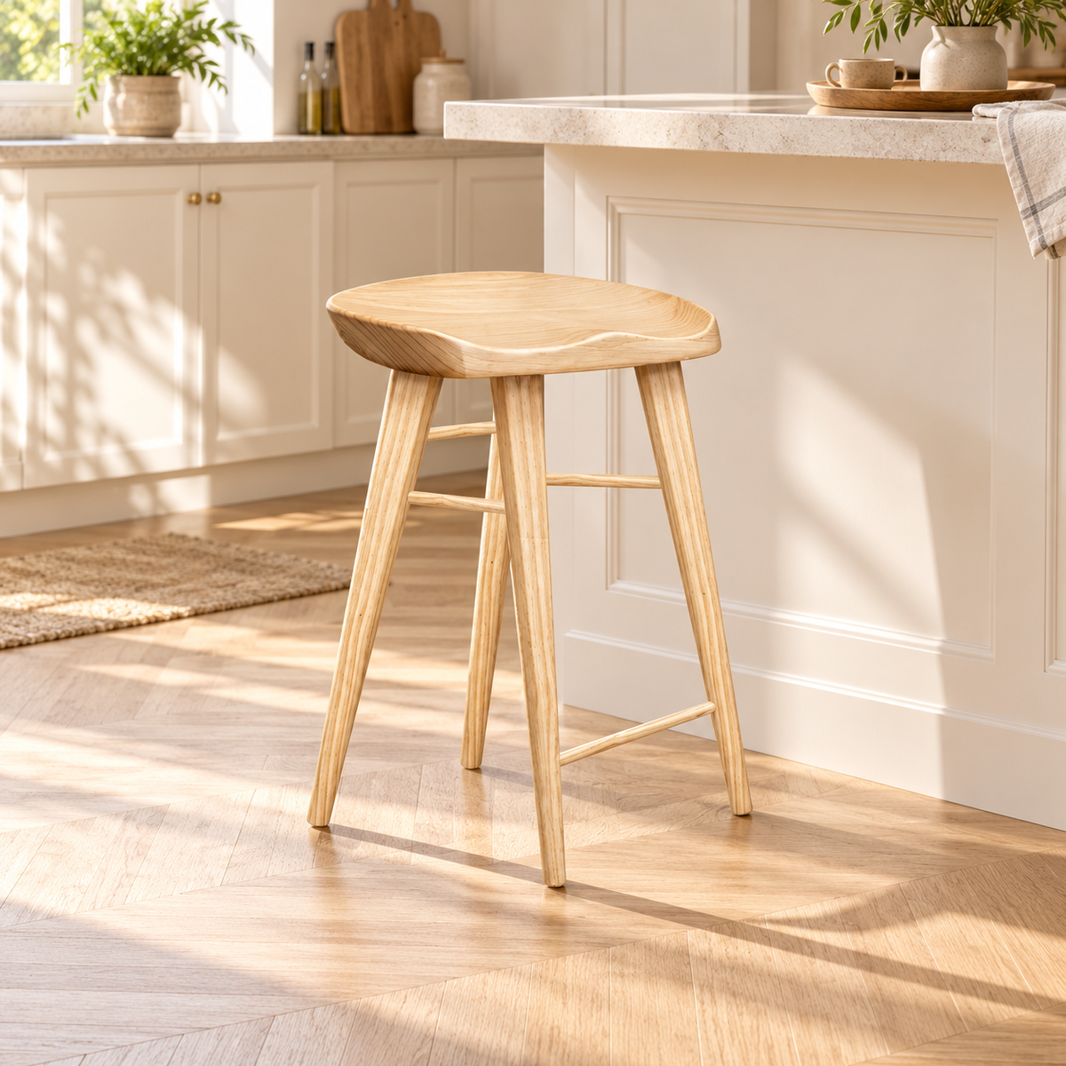 Tabouret à assise incurvée finition bois naturel de 55 cm dans une cuisine lumineuse.