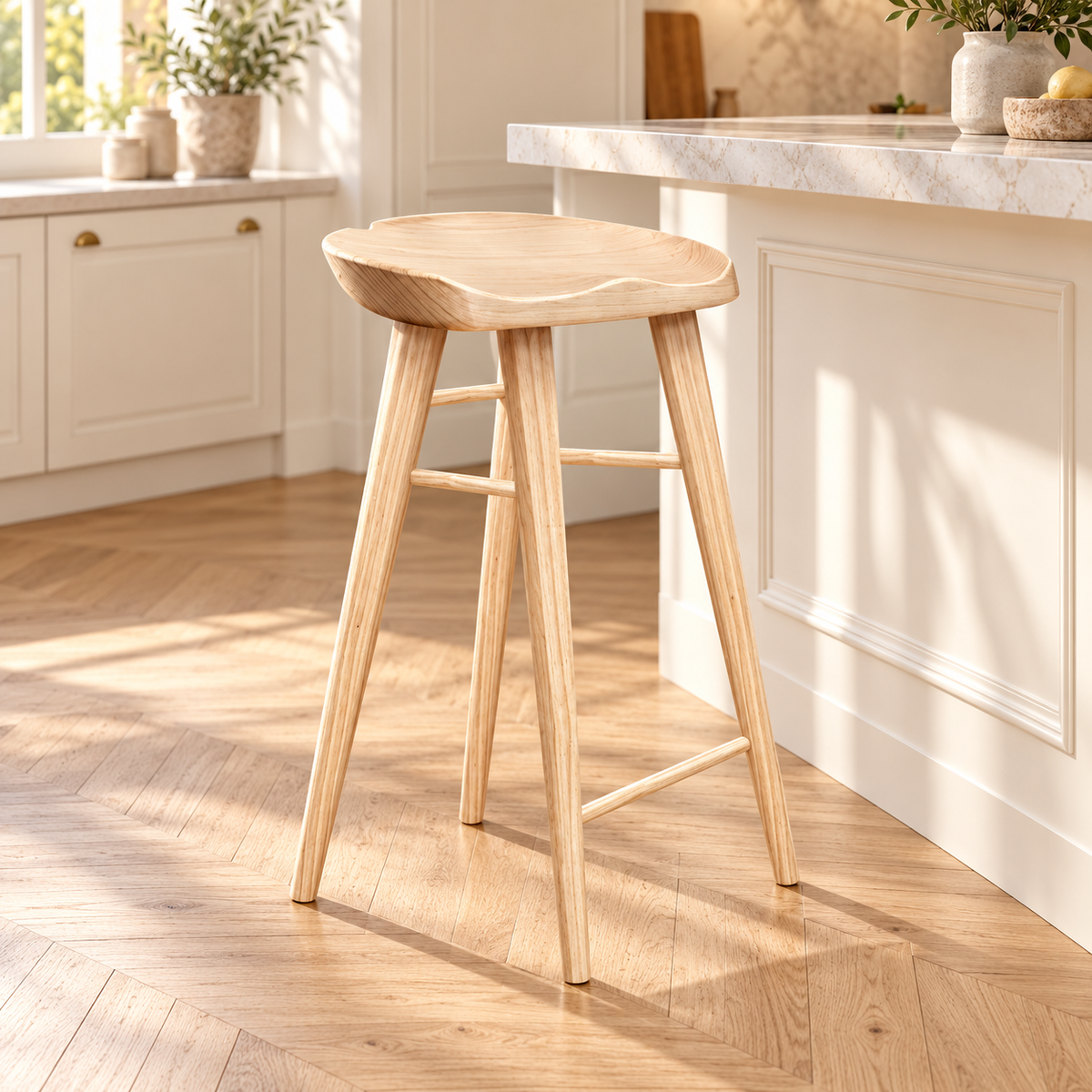 Tabouret à assise incurvée finition bois naturel de 75 cm dans une cuisine lumineuse.