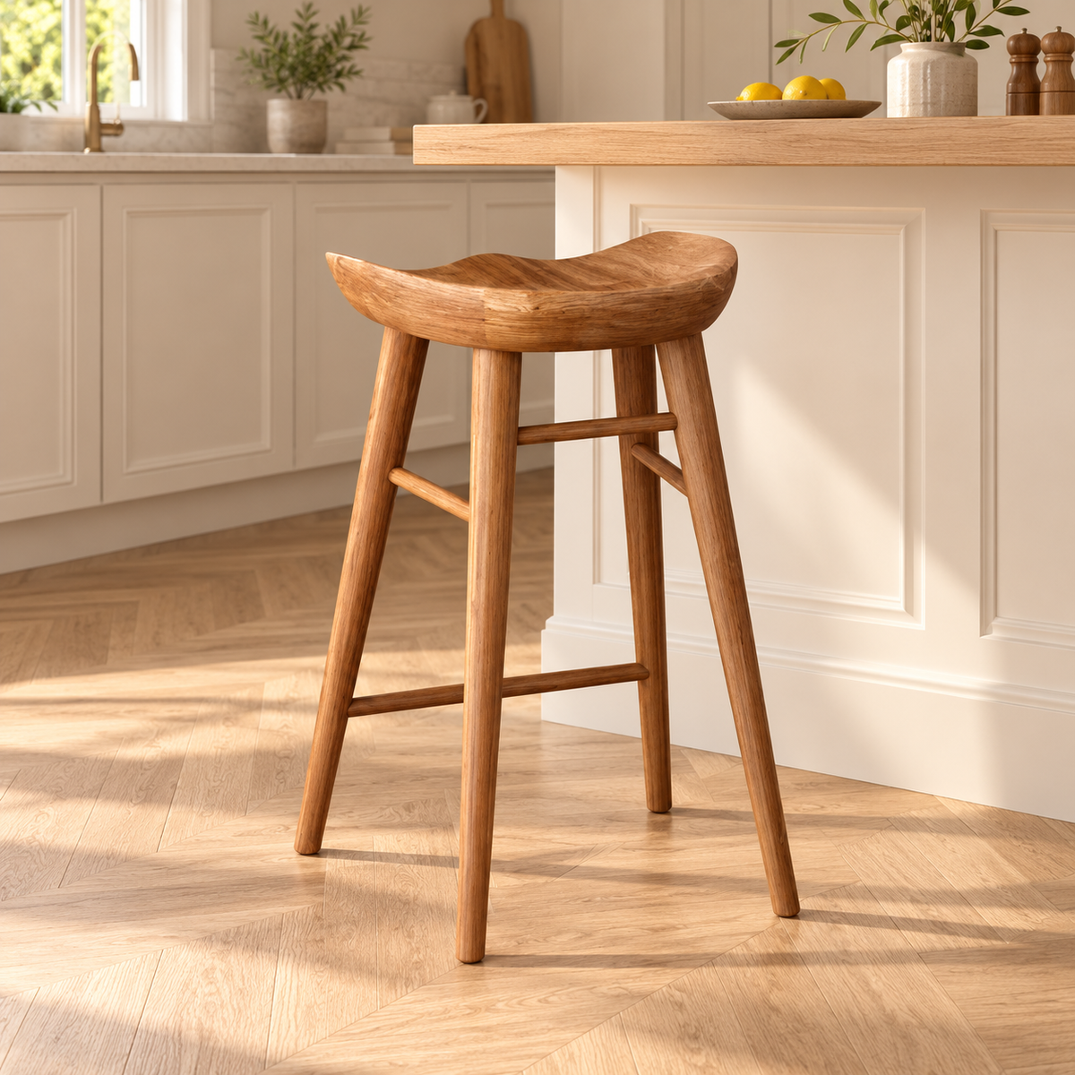 Tabouret à assise incurvée finition cafe de 65 cm dans une cuisine lumineuse.