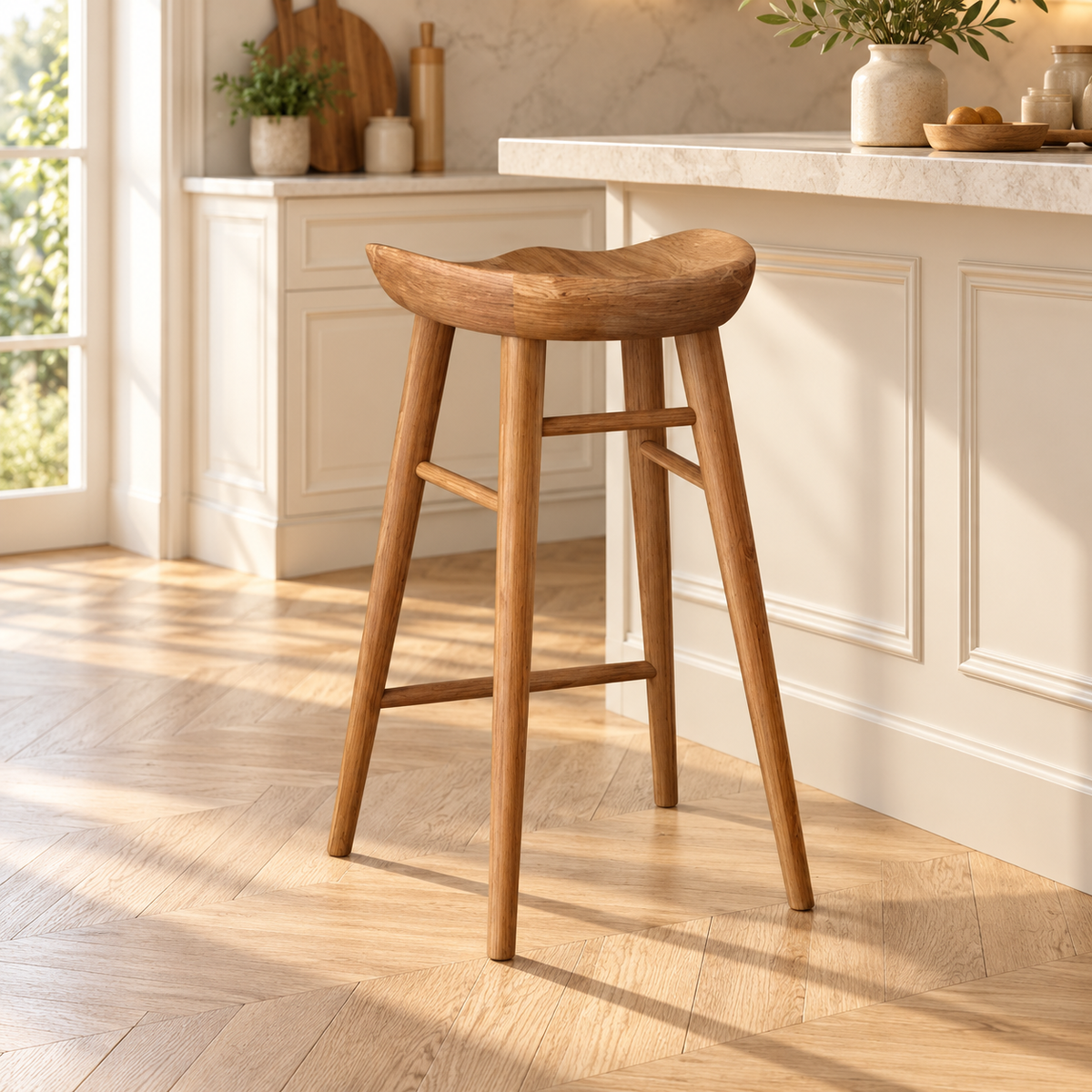 Tabouret à assise incurvée finition cafe de 75 cm dans une cuisine lumineuse.