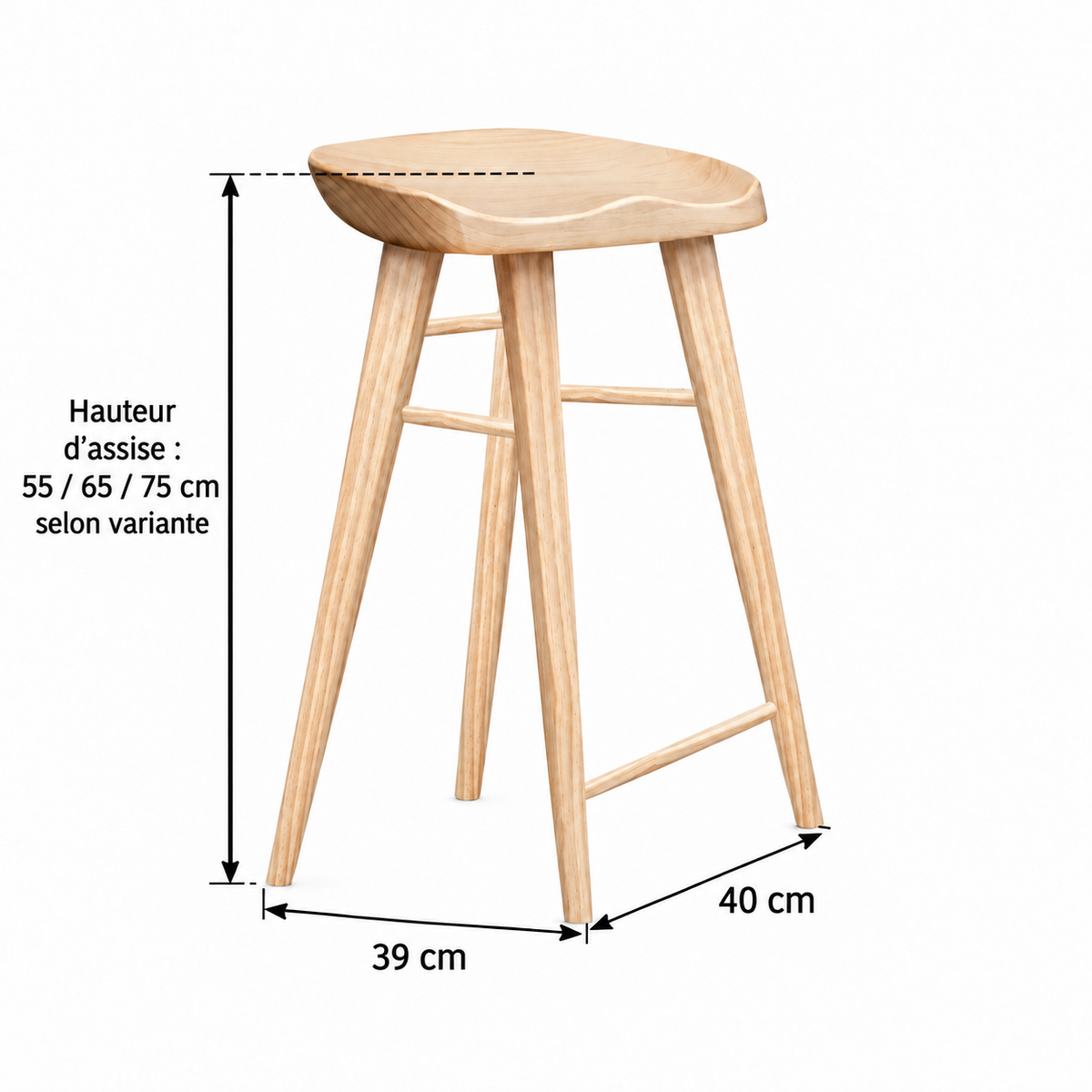 Dimensions du tabouret en bois : hauteur d’assise de 55, 65 ou 75 cm et encombrement au sol de 39 × 40 cm.
