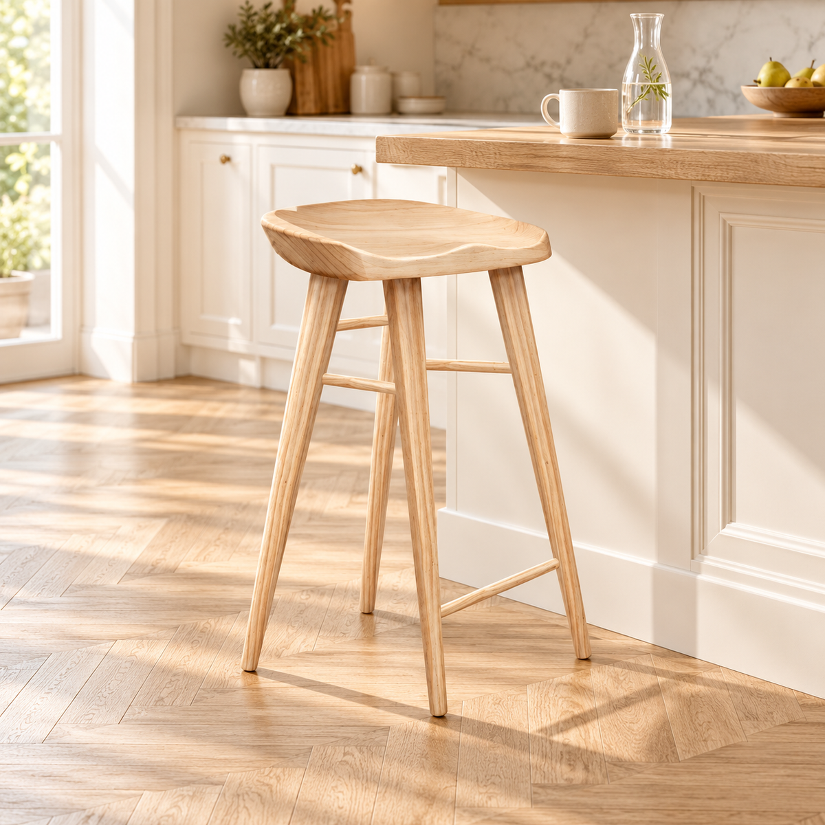 Tabouret en bois naturel dans un coin petit-déjeuner chaleureux.