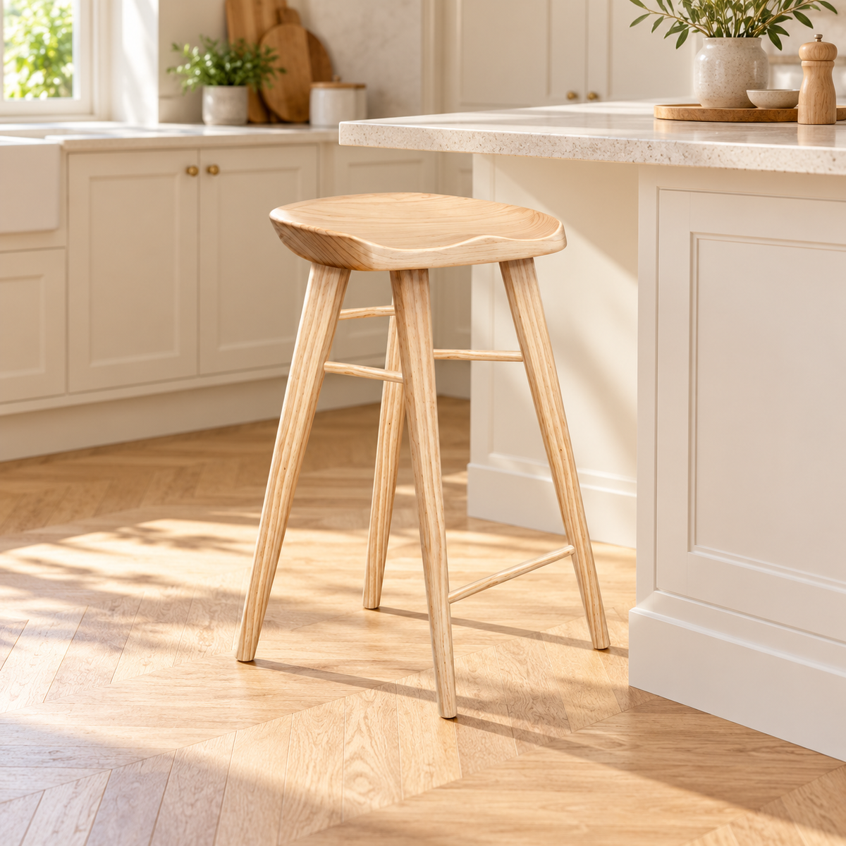 Tabouret en bois naturel de 65 cm à assise incurvée dans une cuisine lumineuse.