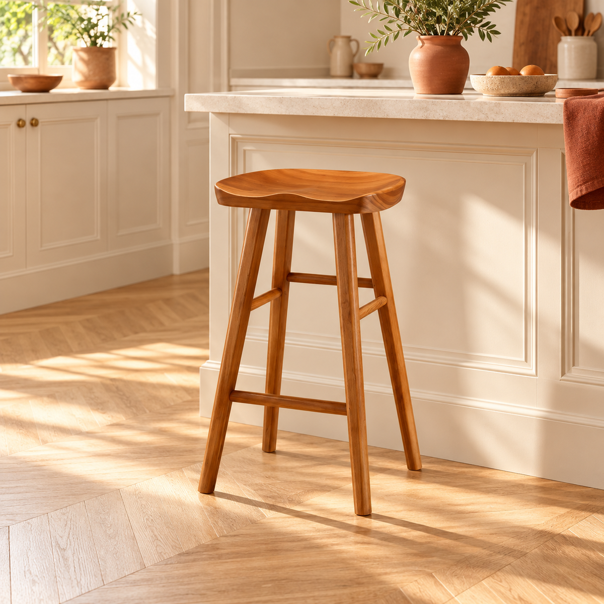 Tabouret à assise incurvée finition teck de 55 cm dans une cuisine lumineuse.