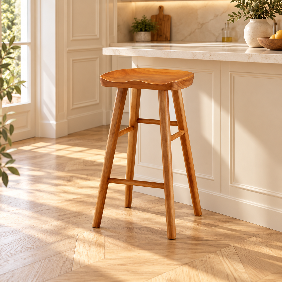 Tabouret à assise incurvée finition teck de 75 cm dans une cuisine lumineuse.