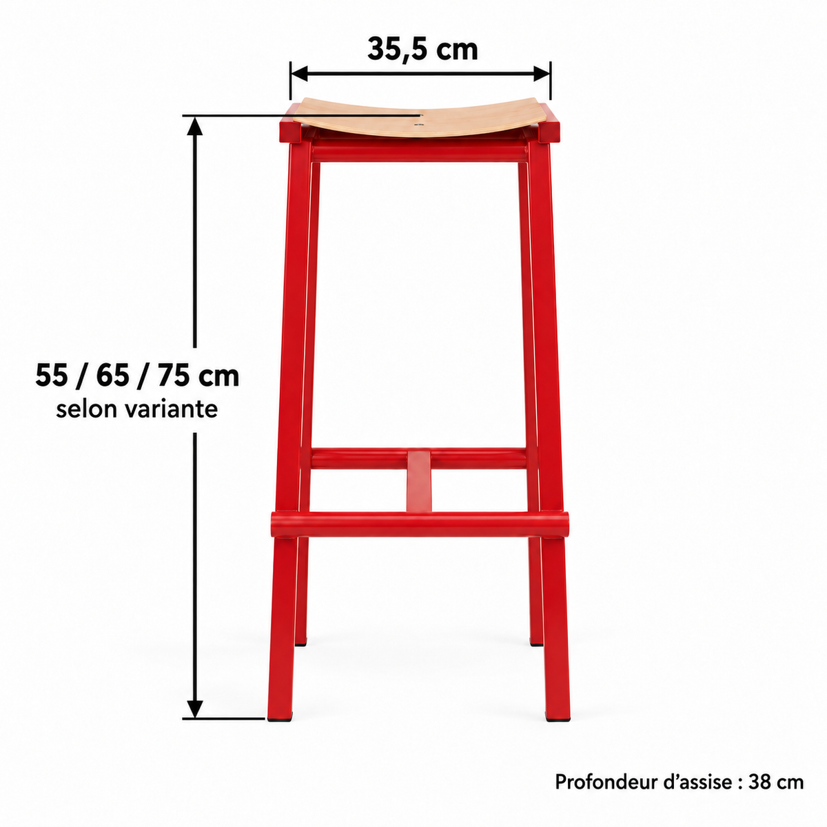 Dimensions du tabouret : hauteurs 55, 65 ou 75 cm et assise de 35,5 × 38 cm.