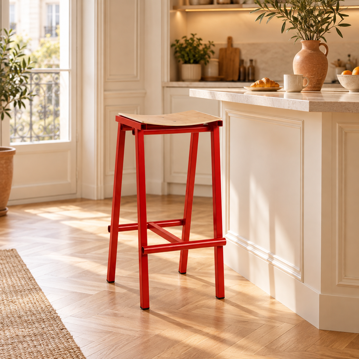 Tabouret rouge et bois près d’un bar dans une cuisine chaleureuse.
