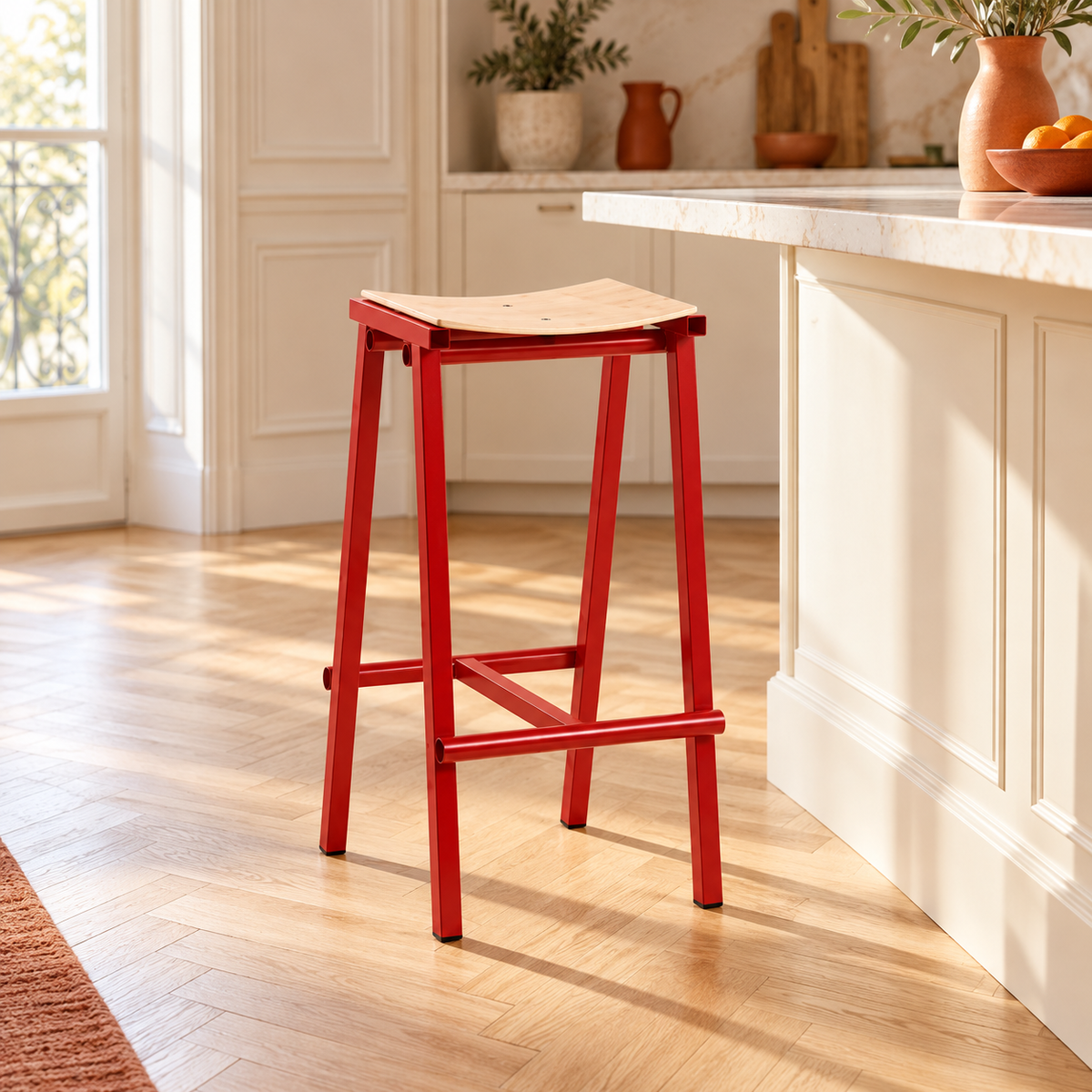 Tabouret rouge de 65 cm dans une cuisine lumineuse.