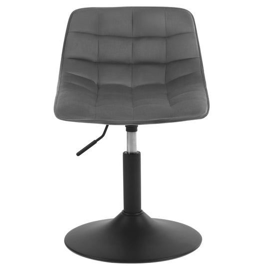 Tabouret bas gris matelassé avec pied noir et piston argenté sur fond blanc.