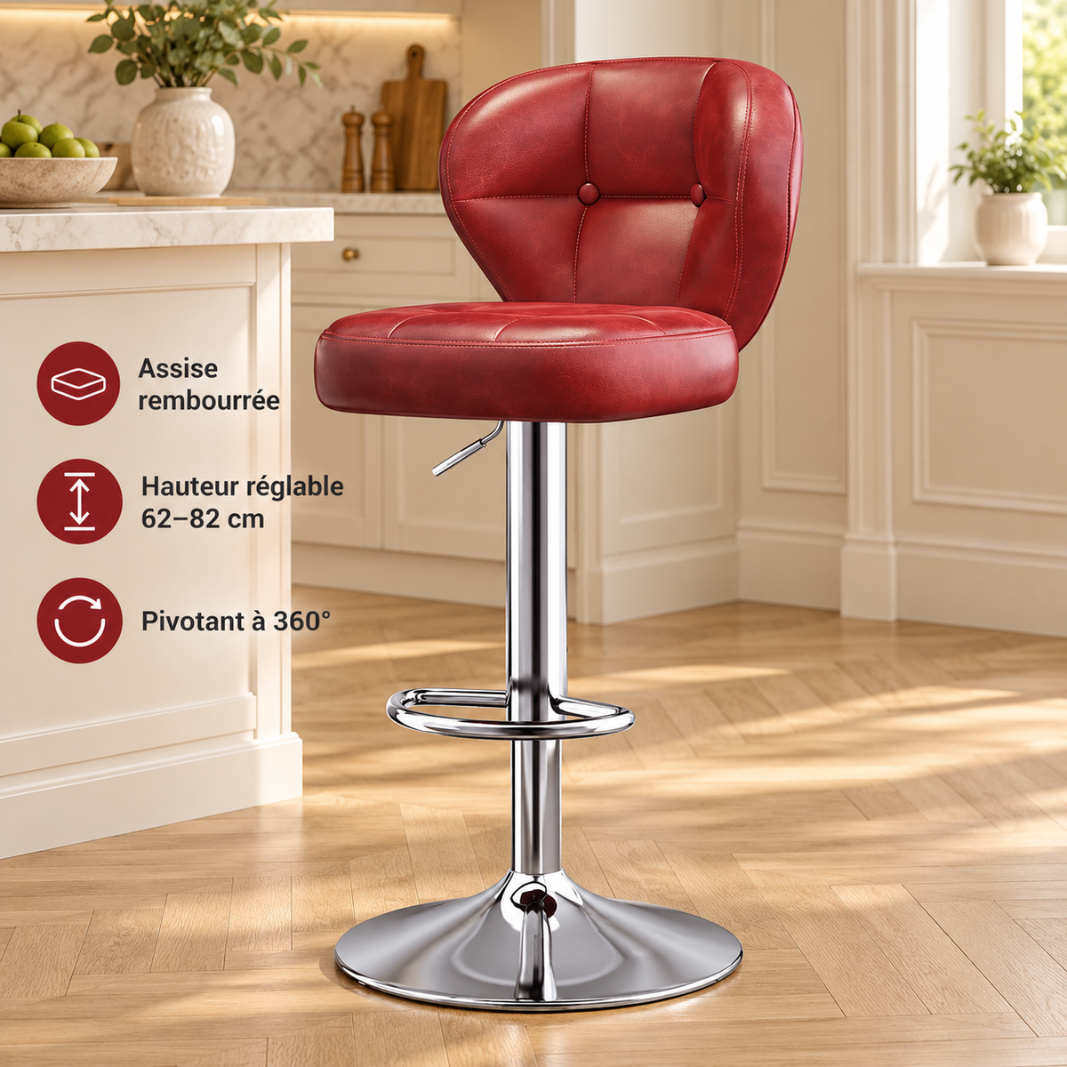 Assise rembourrée, hauteur réglable de 62 à 82 cm et rotation à 360° du tabouret vintage.