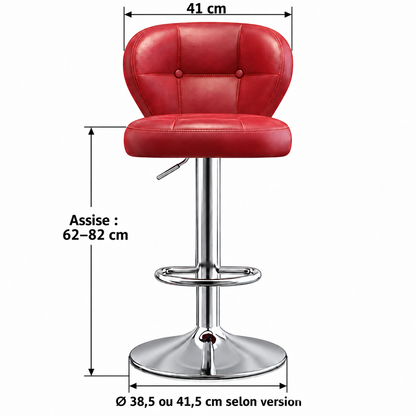 Dimensions du tabouret vintage : assise de 62 à 82 cm, dossier large de 41 cm et base de 38,5 ou 41,5 cm.
