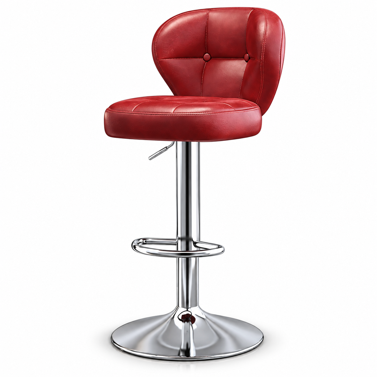 Tabouret vintage rouge capitonné à pied chromé sur fond blanc.