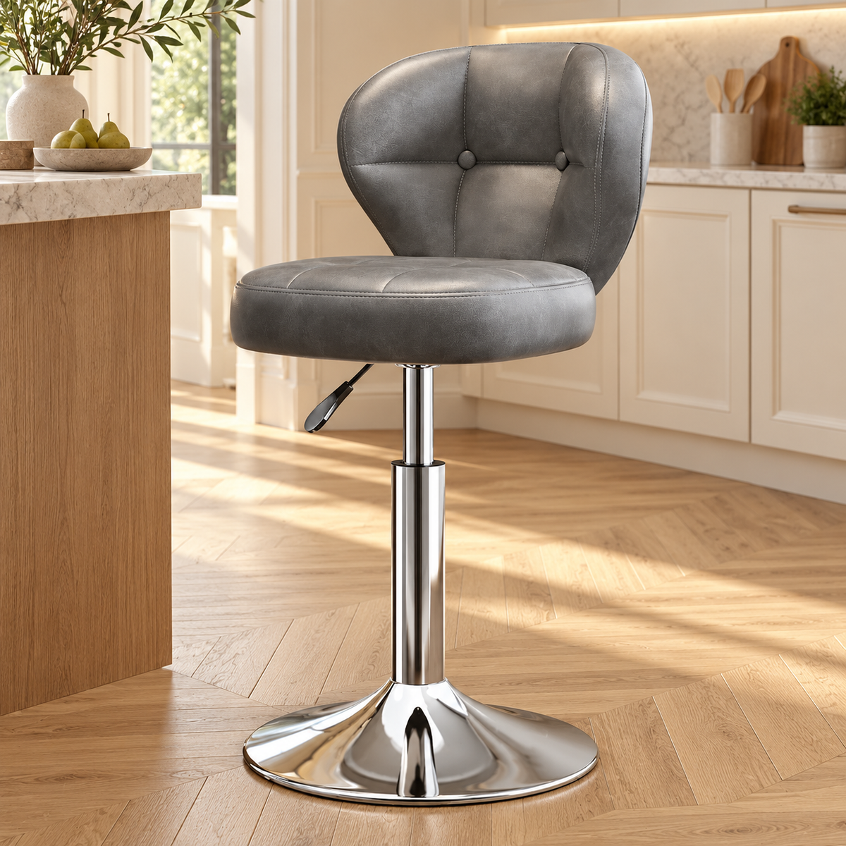 Tabouret vintage gris chrome sans repose pieds, dans une cuisine lumineuse.