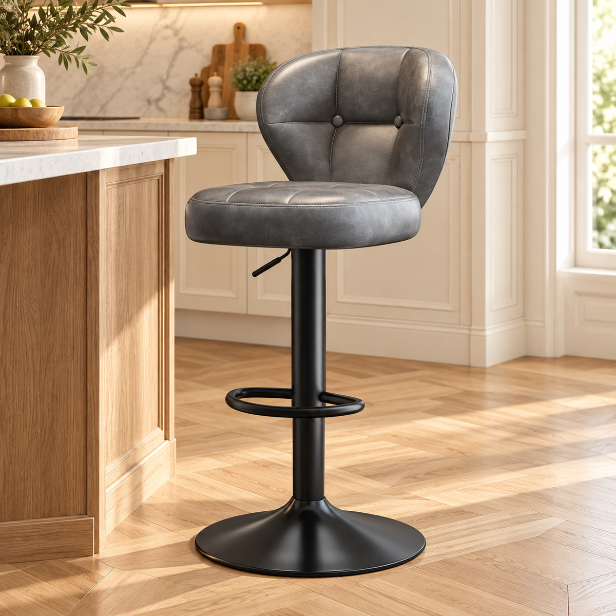 Tabouret vintage gris pied noir repose pieds, dans une cuisine lumineuse.