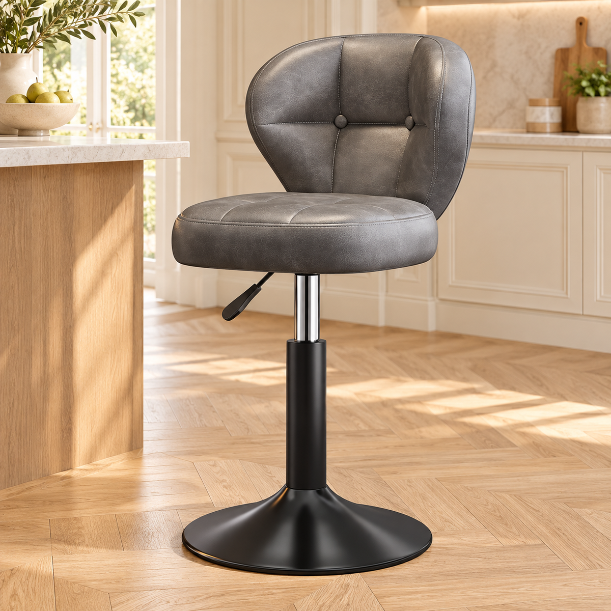 Tabouret vintage gris pied noir sans repose pieds, dans une cuisine lumineuse.