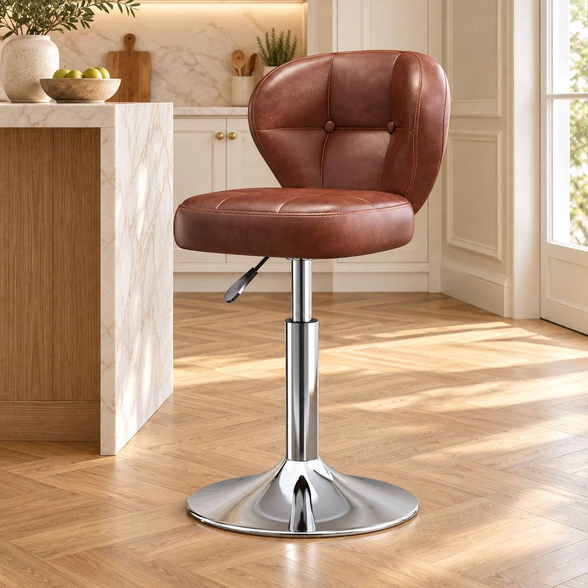Tabouret vintage marron chrome sans repose pieds, dans une cuisine lumineuse.