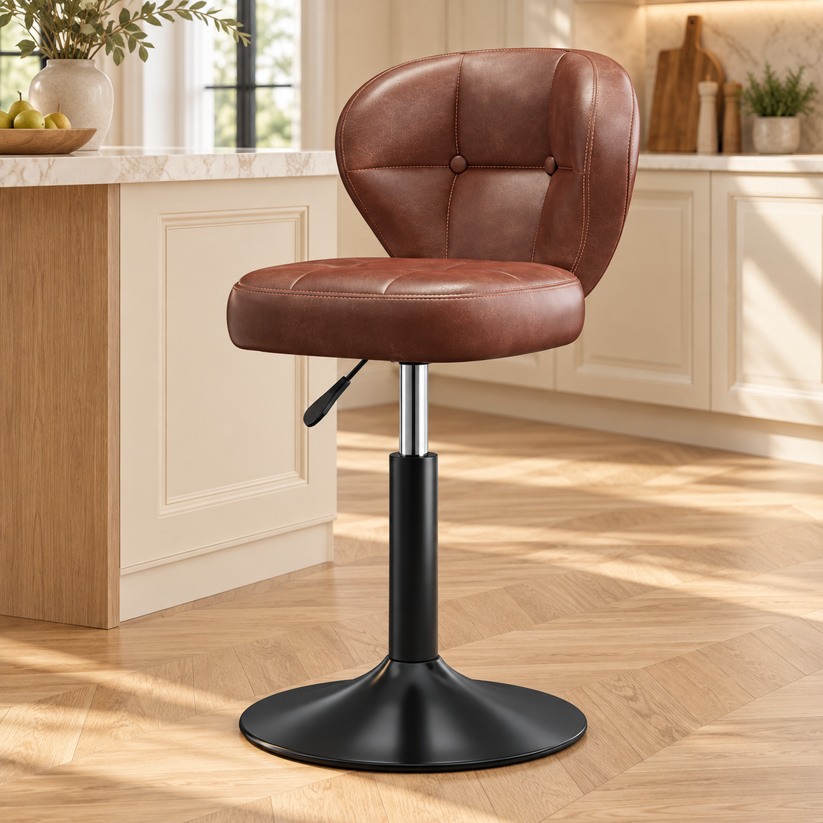 Tabouret vintage marron pied noir sans repose pieds, dans une cuisine lumineuse.