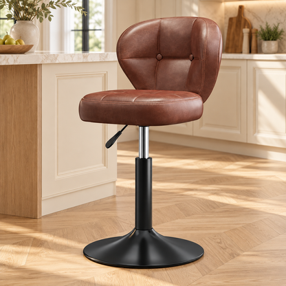 Tabouret vintage marron pied noir sans repose pieds, dans une cuisine lumineuse.