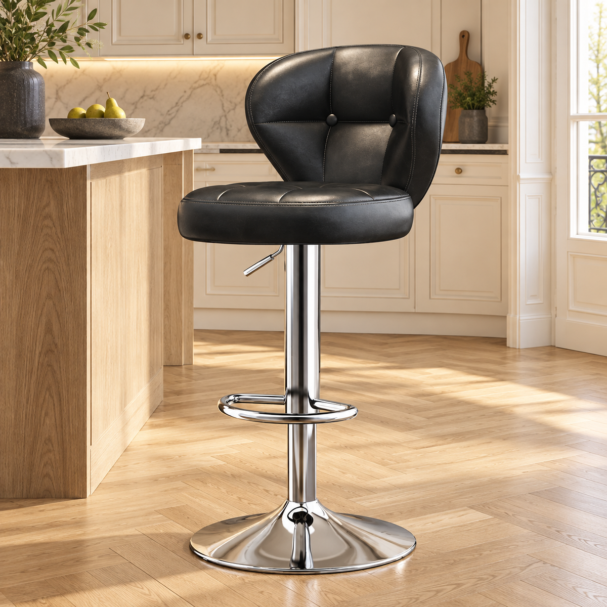 Tabouret vintage noir chrome repose pieds, dans une cuisine lumineuse.