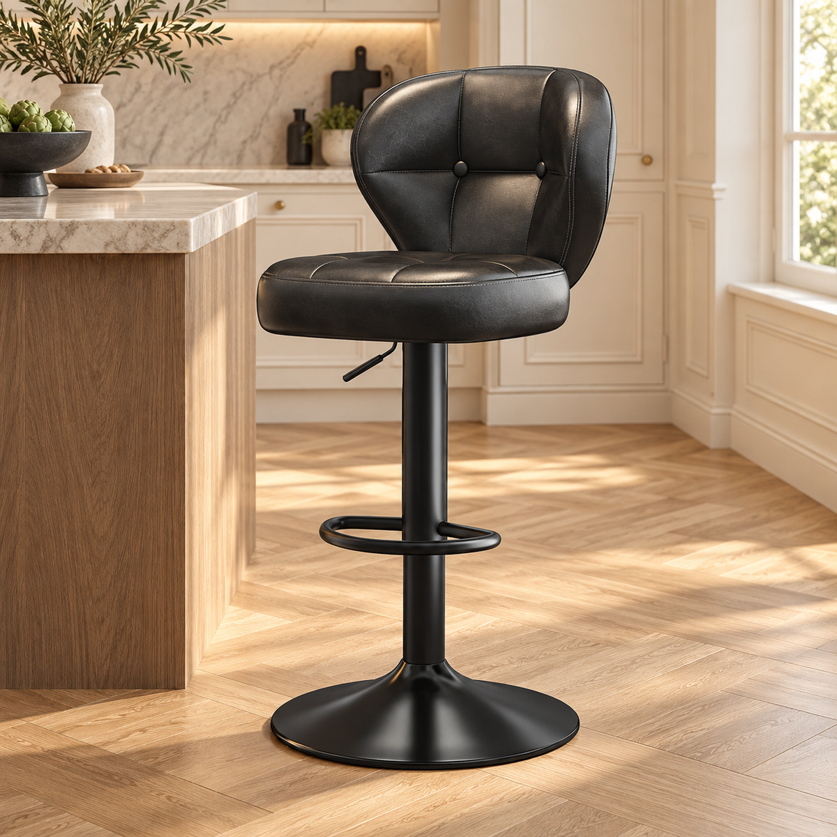 Tabouret vintage noir pied noir repose pieds, dans une cuisine lumineuse.