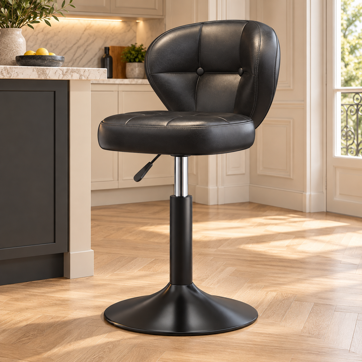Tabouret vintage noir pied noir sans repose pieds, dans une cuisine lumineuse.