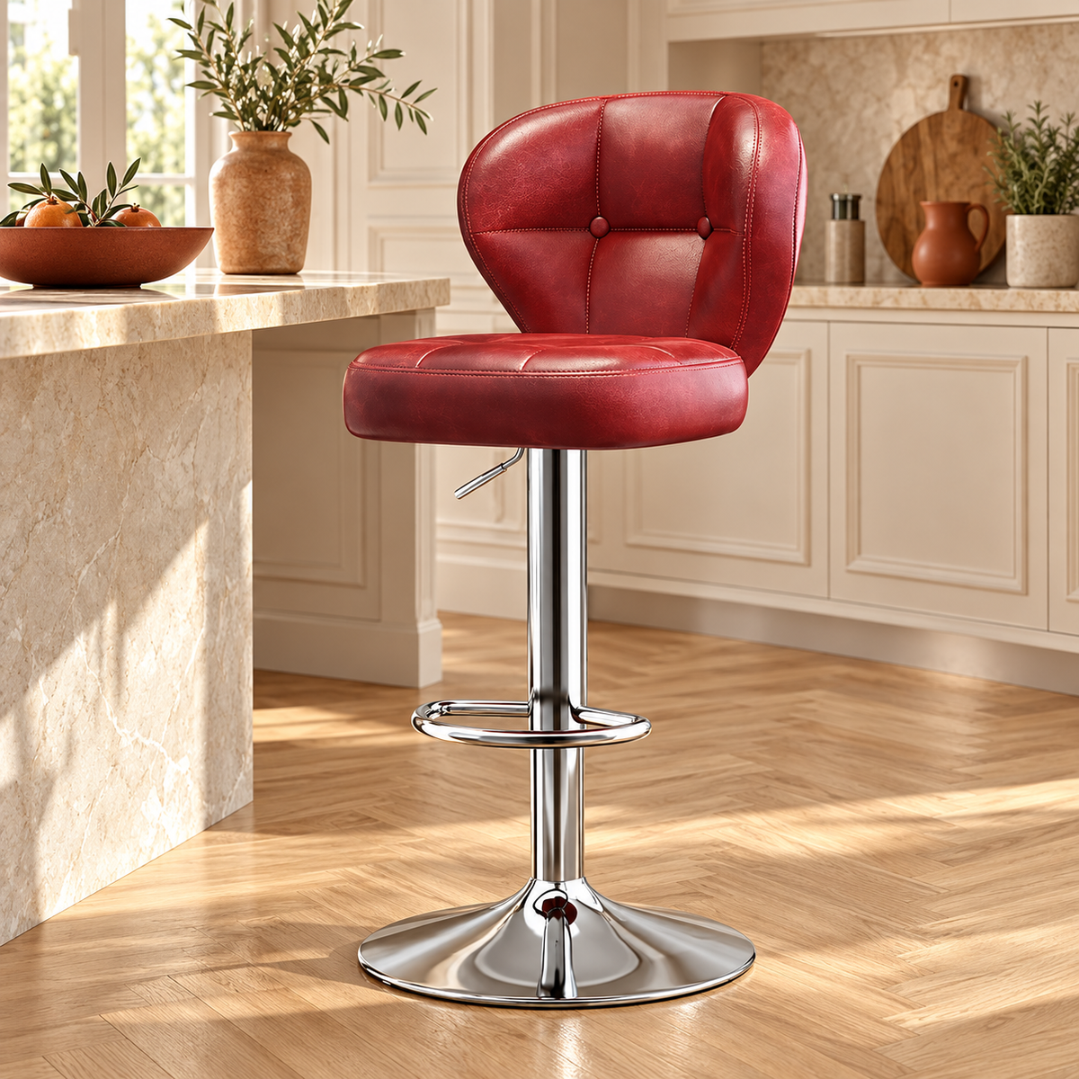 Tabouret vintage rouge à pied chromé avec repose-pieds dans une cuisine lumineuse.