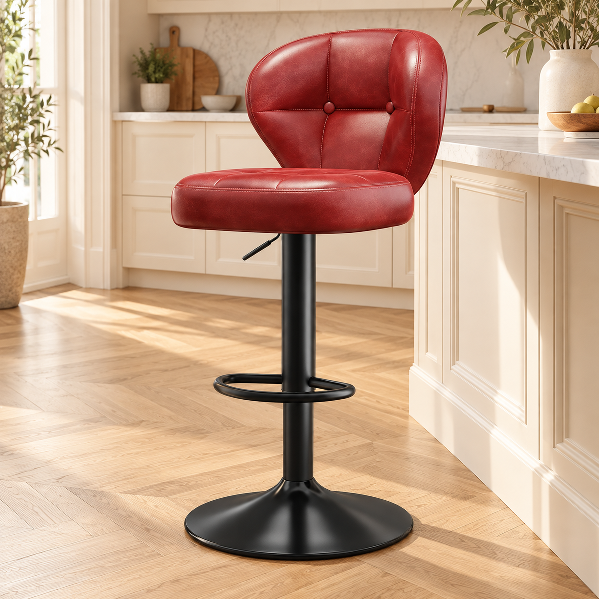 Tabouret vintage rouge pied noir repose pieds, dans une cuisine lumineuse.