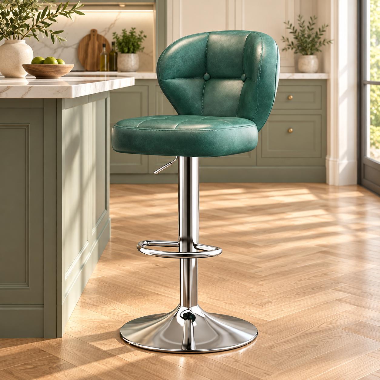 Tabouret vintage vert chrome repose pieds, dans une cuisine lumineuse.