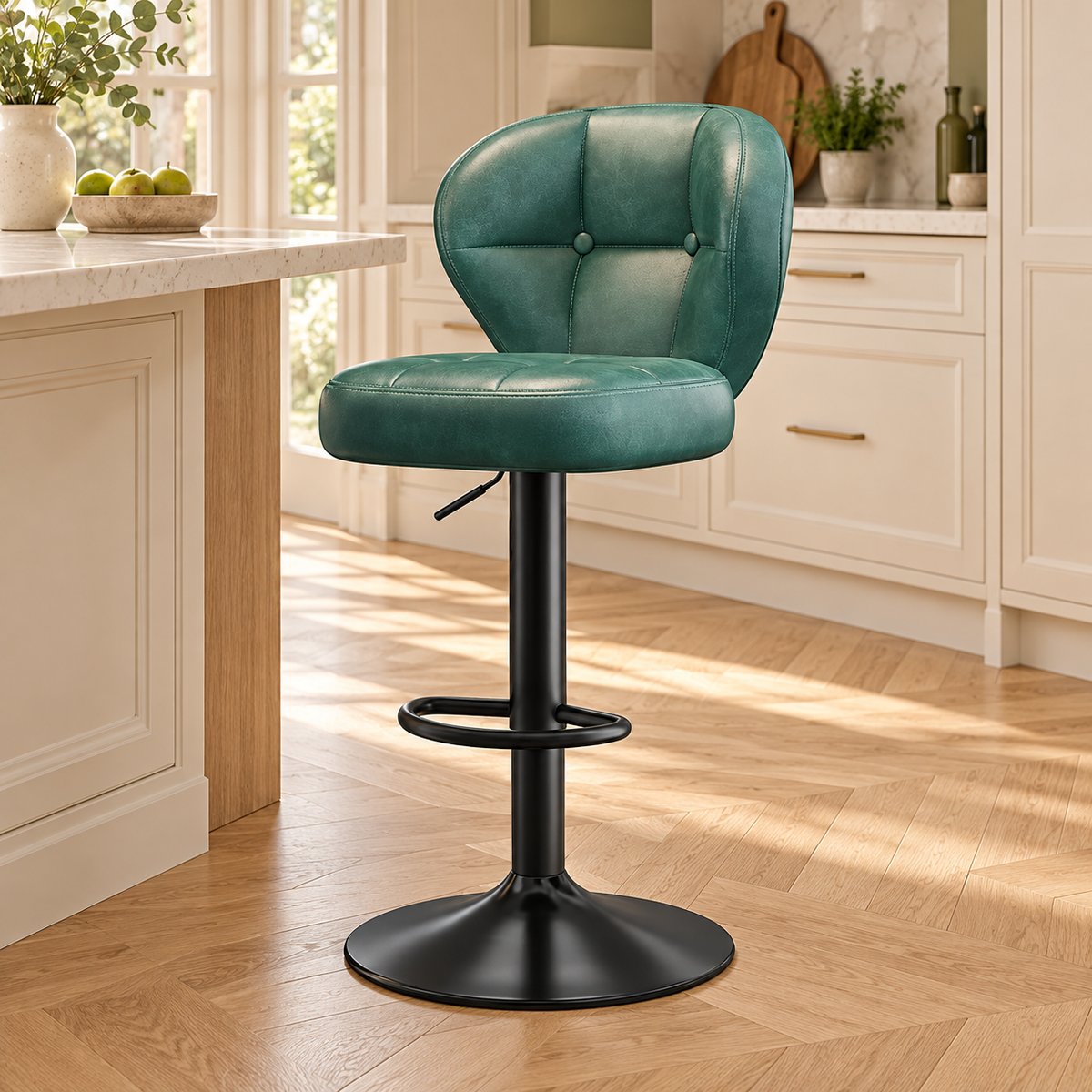 Tabouret vintage vert pied noir repose pieds, dans une cuisine lumineuse.