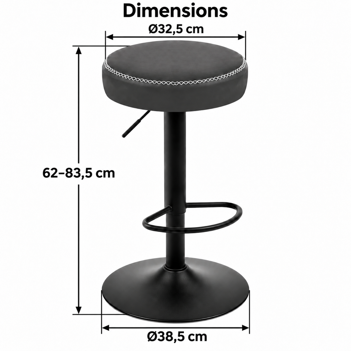 Dimensions du tabouret rond : hauteur environ 62 à 83,5 cm, assise de diamètre 32,5 cm et base de diamètre 38,5 cm avec flèches.