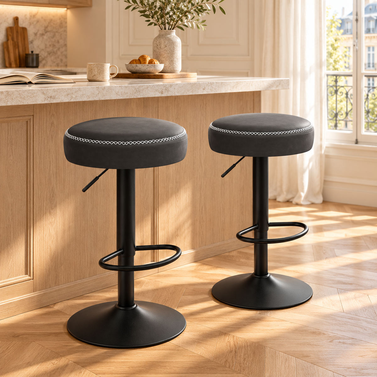 Deux tabourets anthracite à assise ronde dans une cuisine lumineuse avec parquet en chevrons.