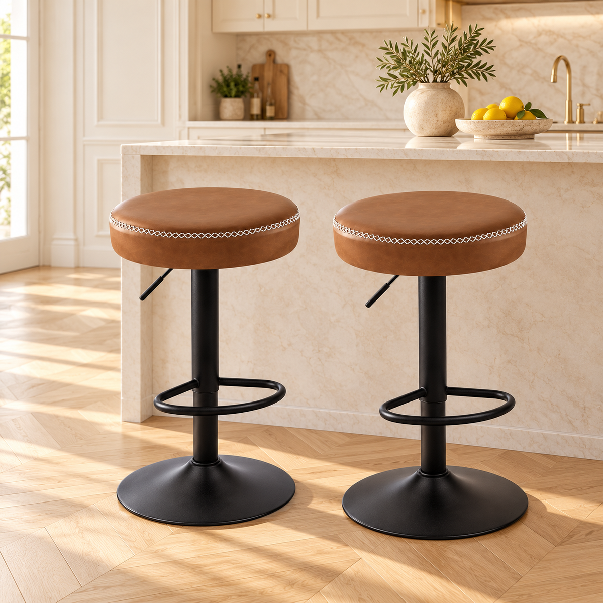 Variante marron : deux tabourets à assise ronde avec surpiqûres blanches et pied noir dans une cuisine claire.