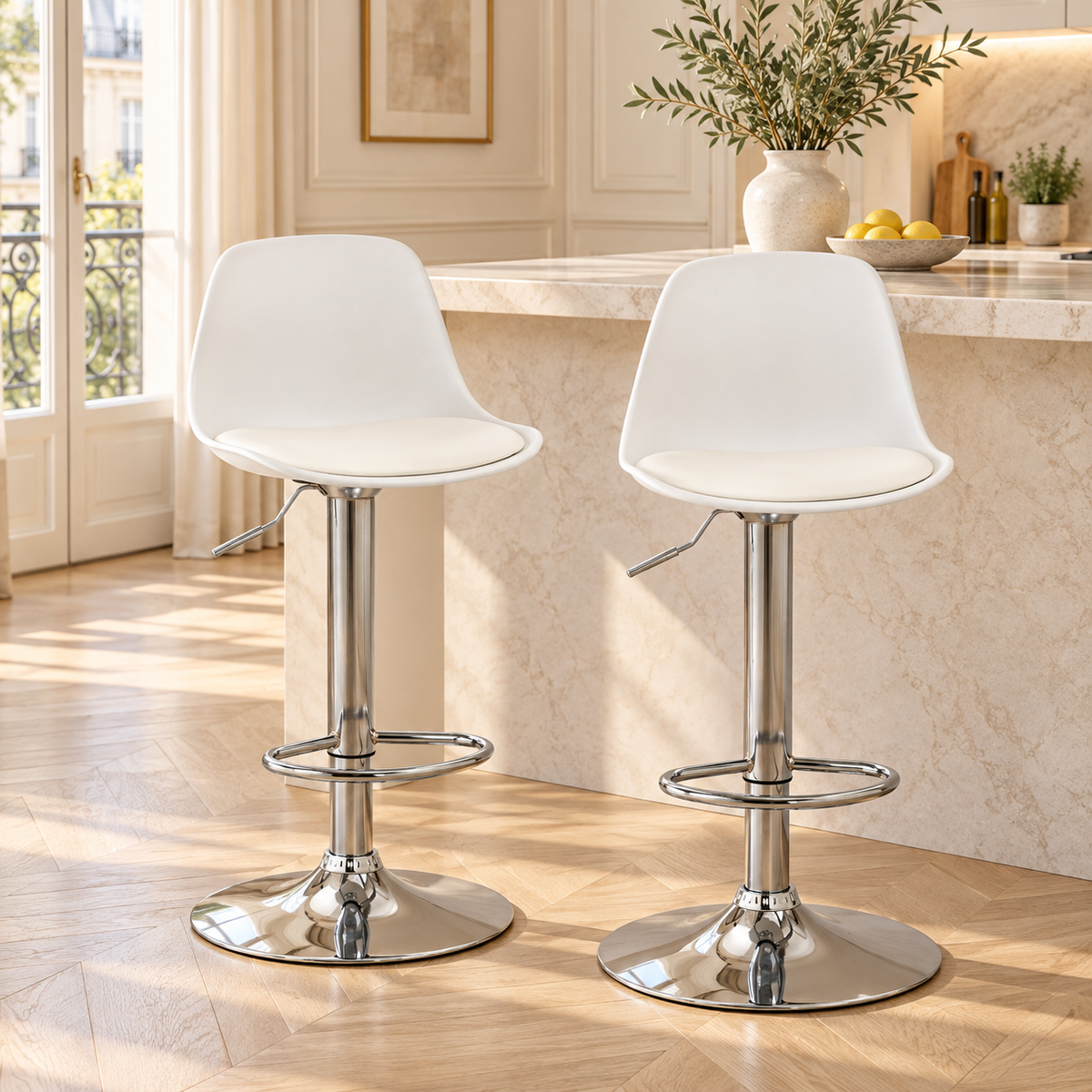 Deux tabourets de bar blancs à pied chromé devant un îlot en pierre dans une cuisine lumineuse à parquet en chevrons.