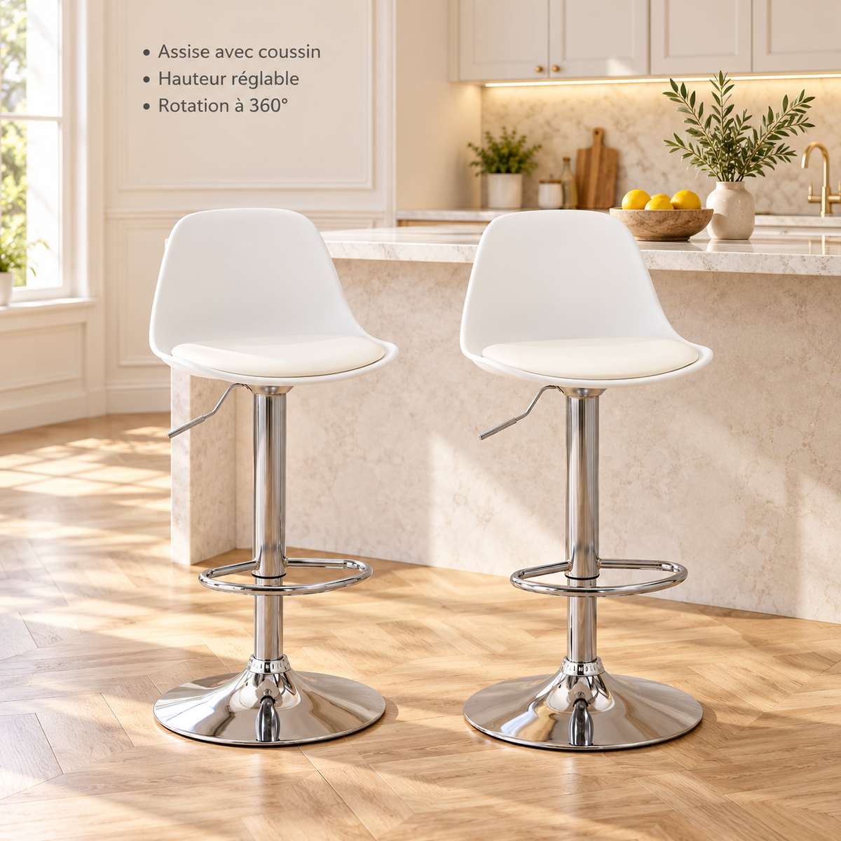 Tabourets de bar blancs en cuisine : assise avec coussin, hauteur réglable et rotation à 360°.