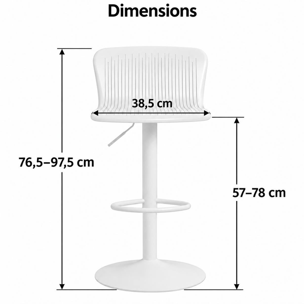 Dimensions du tabouret blanc avec flèches : largeur d’assise 38,5 cm, hauteur totale 76,5 à 97,5 cm et hauteur d’assise 57 à 78 cm.