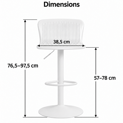 Dimensions du tabouret blanc avec flèches : largeur d’assise 38,5 cm, hauteur totale 76,5 à 97,5 cm et hauteur d’assise 57 à 78 cm.