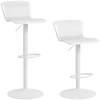 Lot de deux tabourets blancs à dossier ajouré sur fond blanc.