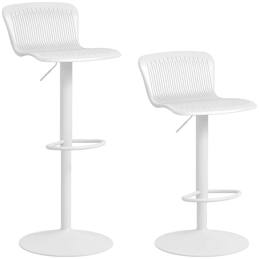 Lot de deux tabourets blancs à dossier ajouré sur fond blanc.