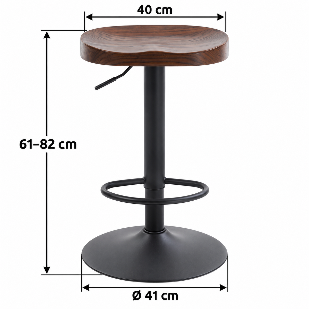 Tabouret en bois et métal avec flèches : hauteur 61–82 cm, largeur d’assise 40 cm et diamètre de base 41 cm.