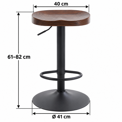 Tabouret en bois et métal avec flèches : hauteur 61–82 cm, largeur d’assise 40 cm et diamètre de base 41 cm.