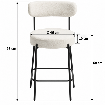 Tabouret bouclé crème avec flèches : hauteur totale 95 cm, hauteur d’assise 68 cm, diamètre d’assise environ 46 cm et épaisseur 10 cm.