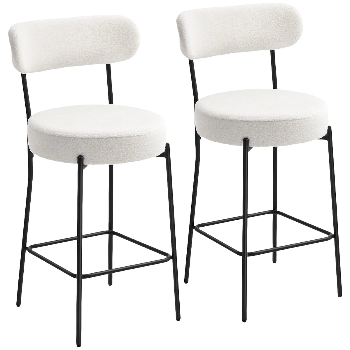 Lot de deux tabourets de bar en tissu bouclé crème à assise ronde épaisse et structure noire sur fond blanc.