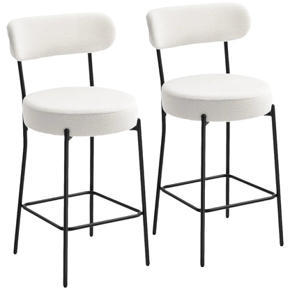 Lot de deux tabourets de bar en tissu bouclé crème à assise ronde épaisse et structure noire sur fond blanc.